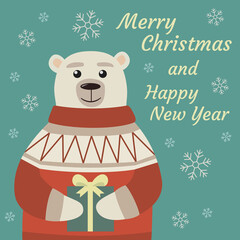 Merry Christmas and Happy New Year! Holiday greeting card wiht polar bear. Vector illustration.