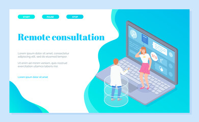 Landing page of remote medical care site. Therapist consults girl with fever online via laptop. Doctor uses headphones to remotely advise pills for poor health.Steps to prevent disease progress