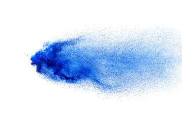 Blue powder particle splash isolated on white  background.