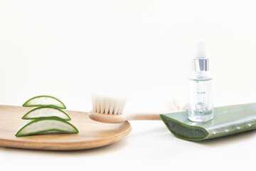 Essence bottle aloe vera and drybrush leaves on a white background.