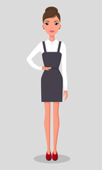 Beautiful young slender businesswoman stands in strict black dress and white classic blouse, red shoes, a strict hairstyle. Female character. Business style. Confident female flat vector illustrations
