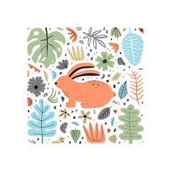 Fototapeta premium Cute rabbit hand drawn flat vector illustration. Domestic farm animals with leaves and flowers isolated on white background. Creative childish t shirt print design
