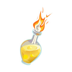 Molotov cocktail in cartoon style, burning bottle. Burning Molotov cocktail bottle.
