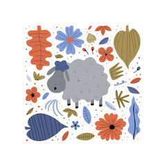 Naklejka premium Cute sheep hand drawn flat vector illustration. Domestic farm animals with leaves and flowers isolated on white background. Creative childish design