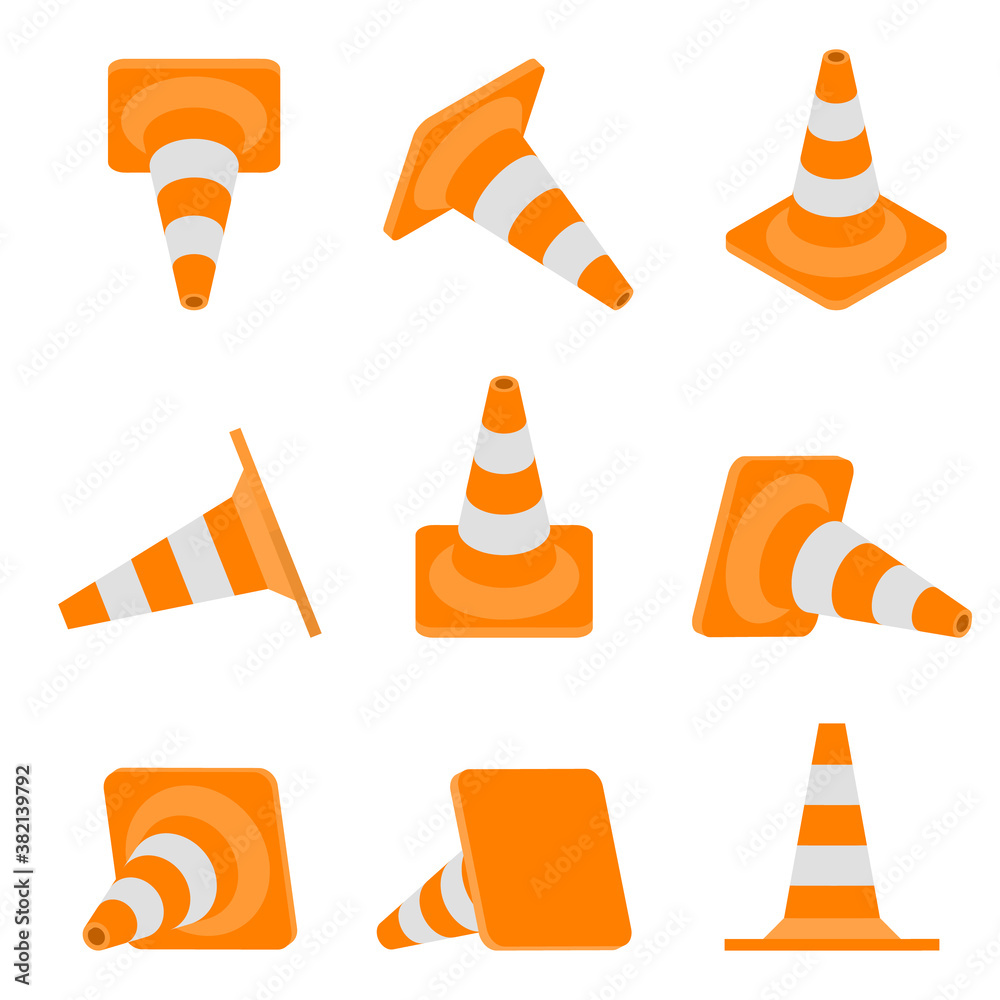 Sticker set of road cones. isometric