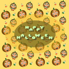 Halloween  pattern illustration with pumpkins on the yellow colours with inscription