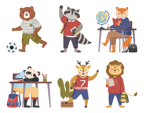 Collection of funny animals students. Cute cartoon pupils schoolkids in various situations in the lesson. Characters of forest inhabitants get an education, studying with books, siting at a desk