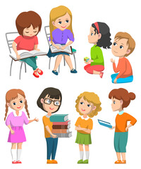 Schoolkids reading books and learn school study material. Teacher explaining lesson to pupils. Girl standing with books in hands vector illustration