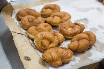 Twist bread donut, a street food in Korea. Fried donuts.