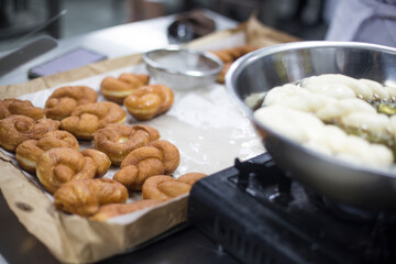 Twist bread donut, a street food in Korea. Fried donuts.