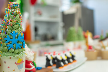 copy space decorated kitchen prepared for Christmas and tableware.