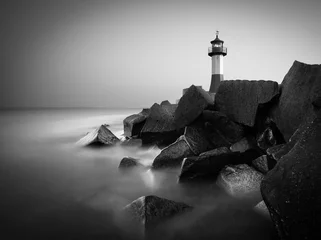 Washable wall murals Black and white The lighthouse in the harbor of Sassnitz, Baltic Sea - Germany - BW