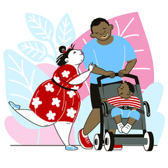 Happy family, European mom and African American dad, happy little baby in a stroller, on a walk, postcard, banner, valentine's day, vector illustration