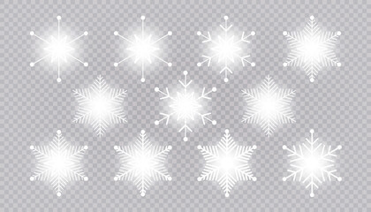 Vector big set of white light Snowflakes design element on transparent background. Different designs.