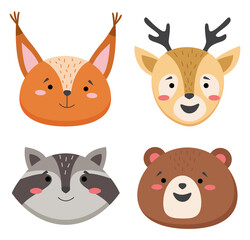 Cartoon avatar of the cute wild animals collection, childish characters portrait isolated on white background. Emoji funny animal. Embarrassed smile emotion. Template pattern icon. Logo, sticker