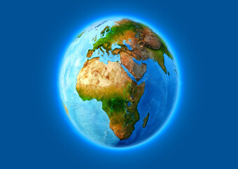 Planet Earth from space isolated on blue background. Blue Earth globe with Europe, Africa, Asia and oceans view. 3D illustration. Design element for geography, ecology wallpaper, posters, cards, web