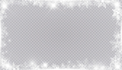 Rectangular winter snow frame border with stars, sparkles and snowflakes on transparent background. Festive christmas banner, new year greeting card, postcard or invitation vector illustration
