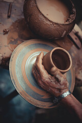 close up of a potter hand holding a cup