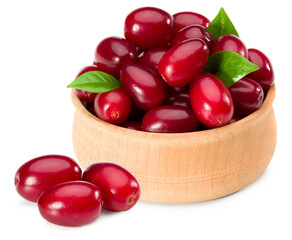 dogwood berries in wooden bowl isolated on white background. clipping path. full depth of field