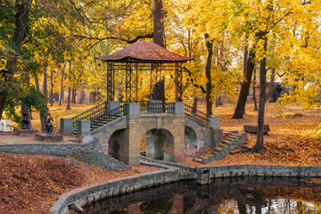 Chinese bridge in the autumn park Alexandria, Bila Tserkva, Ukraine
