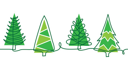 Christmas pine trees doodle border. One continuous line drawing. Simple vector green Christmas trees border.