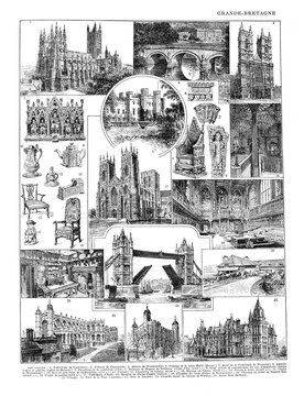 Vintage and old famous buildings like Westminster Abbey / Antique engraved illustration from from La Rousse XX Sciele	