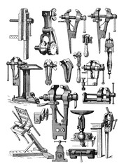 Vintage collection of vise or workshop tools hand drawn / Antique engraved illustration from from La Rousse XX Sciele	