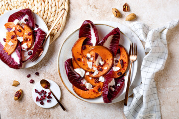 Roasted pumpkin salad with radicchio leaves, feta cheese, nuts and cranberries. Thanksgiving side dish dinner recipe. Healthy seasonal fall or autumn food