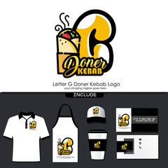 Letter G Meat Doner Kebab Dishes Vector Logo Design Illustration for Turkish and Arabian Fast Food Restaurant with Brand Identity Include Shirt. Apron. Hat. Cup. Business Card. Initial Typography Logo