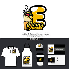 Letter E Meat Doner Kebab Dishes Vector Logo Design Illustration for Turkish and Arabian Fast Food Restaurant with Brand Identity Include Shirt. Apron. Hat. Cup. Business Card. Initial Typography Logo