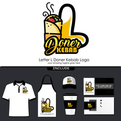 Letter L Meat Doner Kebab Dishes Vector Logo Design Illustration for Turkish and Arabian Fast Food Restaurant with Brand Identity Include Shirt. Apron. Hat. Cup. Business Card. Initial Typography Logo