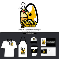 Letter A Meat Doner Kebab Dishes Vector Logo Design Illustration for Turkish and Arabian Fast Food Restaurant with Brand Identity Include Shirt. Apron. Hat. Cup. Business Card. Initial Typography Logo