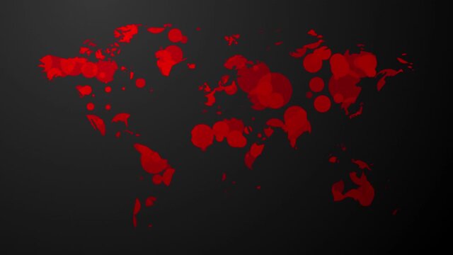 abstract red world map, moving particles forming continents, global theme on dark background