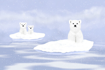 Three white polar bears on snowy ice floes