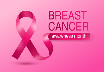 Breast Cancer awareness month poster - 3D pink ribbon (symbol of disease outbreak) and headline 
