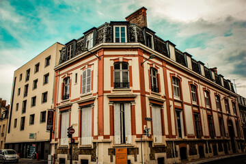 View of the facade of a building in the downtown of Reims in France
