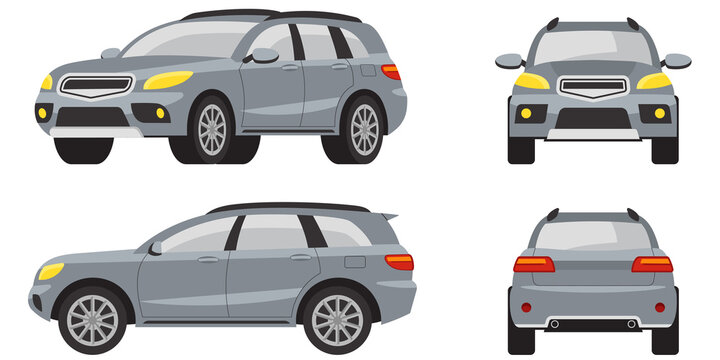 SUV in different views. Grey automobile in cartoon style.