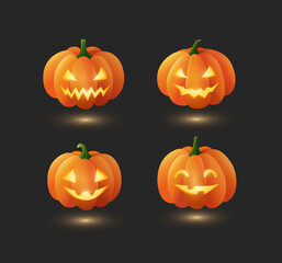 Set of glowing Halloween orange smiling carved pumpkins. Jack O’ Lantern spooky holiday decorations collection. - Vector illustration