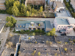 Aerial drone view. The destroyed workshop of the plant.