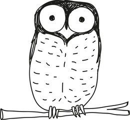 Süßer kleiner Waldkauz auf einem Ast, Comic, Cartoon, Vektor, isoliert 