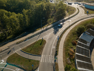 Aerial drone view. Road with markings for cyclists.
