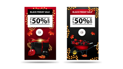 Black Friday Sale, up to 50% off, set of vertical discount banners isolated on white background. Red and Black banners with presents and garlands