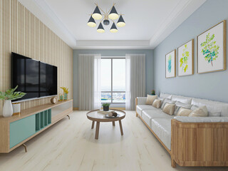 There are cloth sofa and table in the clean living room