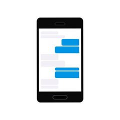 Realistic black smartphone. Empty dialog bubbles. Balloon messenger screen template. Vector