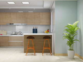 Simple modern family kitchen design, equipped with cabinets, refrigerators and a variety of tableware, but also designed with a bar
