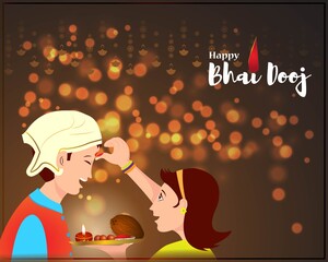 Vector illustration of brother and sister celebrating bhai dooj, Bhai Tika, Indian Hindu festival, coconut, diya and sweets in pooja thali, vector banner on beautiful bokeh background.