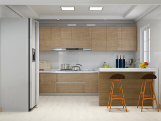 Simple modern family kitchen design, equipped with cabinets, refrigerators and a variety of tableware, but also designed with a bar