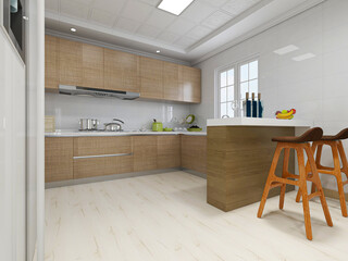 Fototapeta na wymiar Simple modern family kitchen design, equipped with cabinets, refrigerators and a variety of tableware, but also designed with a bar