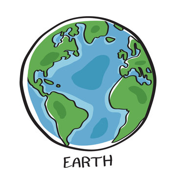 Vector of Earth isolated on white background with text EARTH under image. Free Hand drawn style.