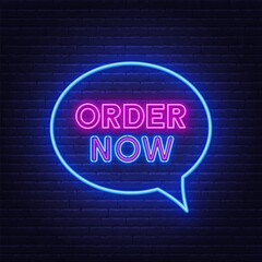 Order now neon sign on a brick background. Vector illustration.